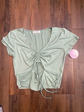 Ruched Drawstring Crop Top in Sage Green